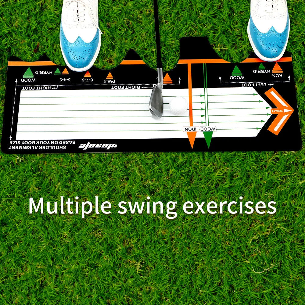 Black neoprene golf swing stance training pad on a green surface.