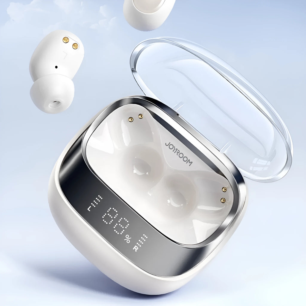 Beige wireless noise reduction in-ear headphones with charging case on a grey background.