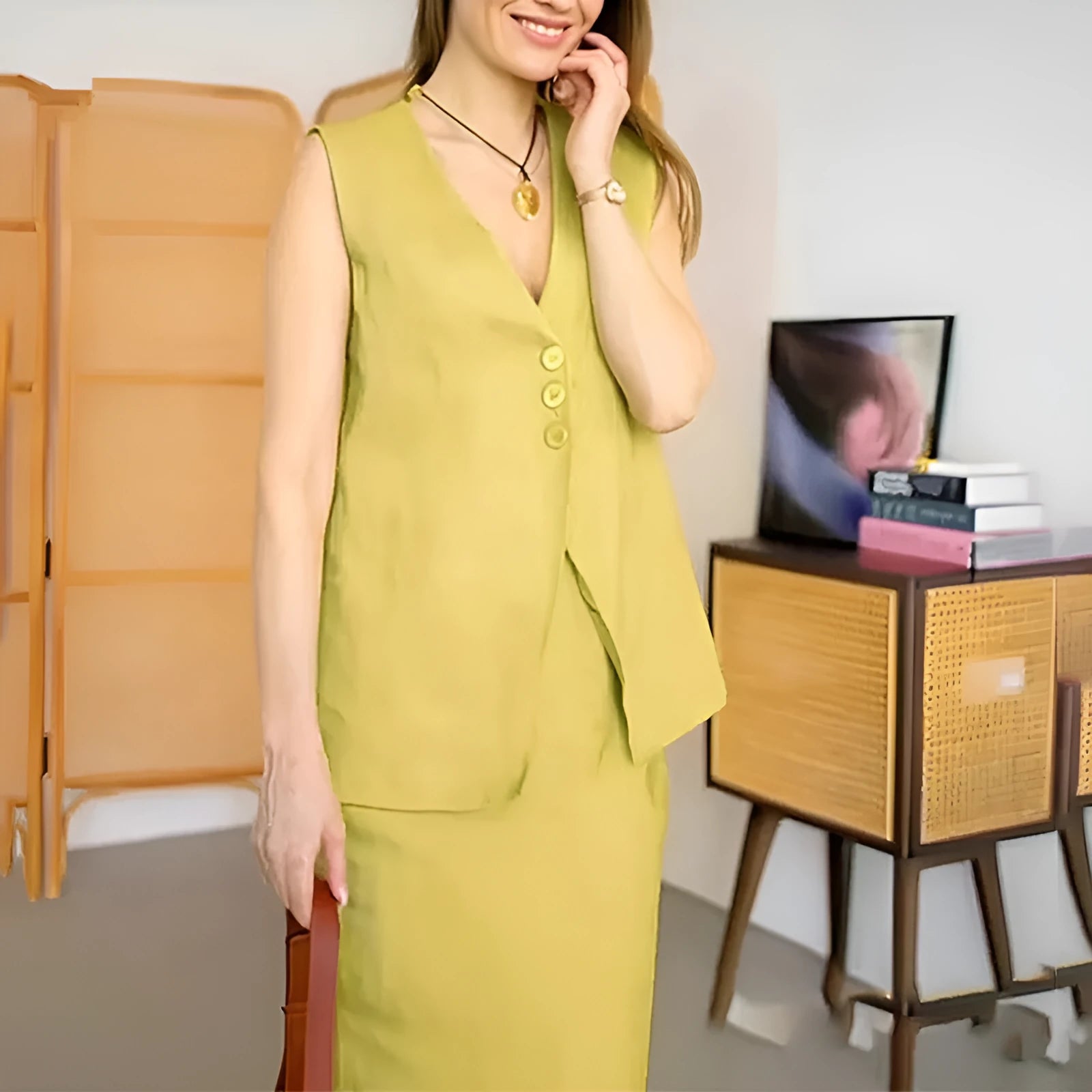 Women's sleeveless vest and long skirt two-piece casual suit in polyester available in three colours