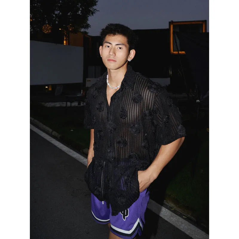 Heavy industry three-dimensional floral pattern short-sleeved shirt in polyester with wool lining for plus-size loose fit