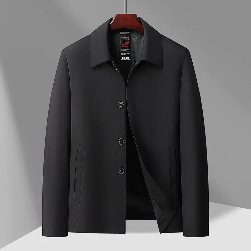 Men's business casual button-down lapel jacket in navy blue, slim fit, wrinkle-resistant, with long sleeves and side pockets.