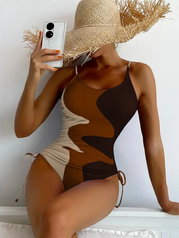 Women's blue sleeveless backless one-piece swimsuit with fixed swimming trunks for swimming sports