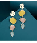 Sterling silver finish Morandi three-colour drip oil wafer disc earrings.
