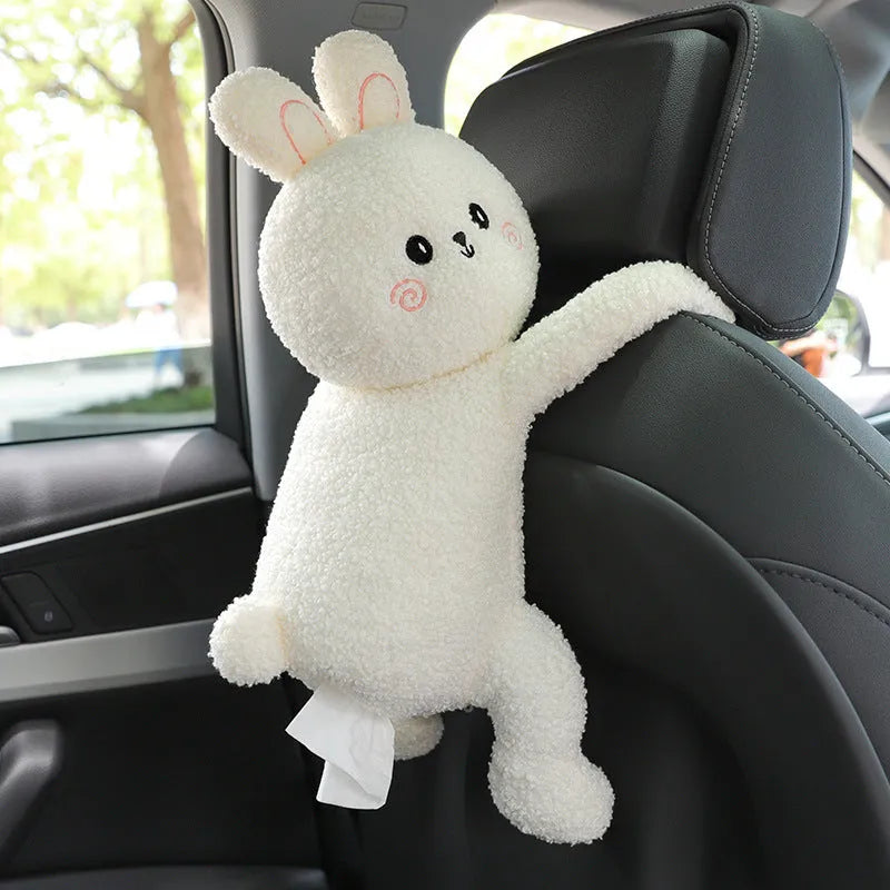 Plush car seat tissue holder with strap attached to vehicle seat back in animal design