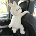 Plush car seat tissue holder with strap attached to vehicle seat back in animal design