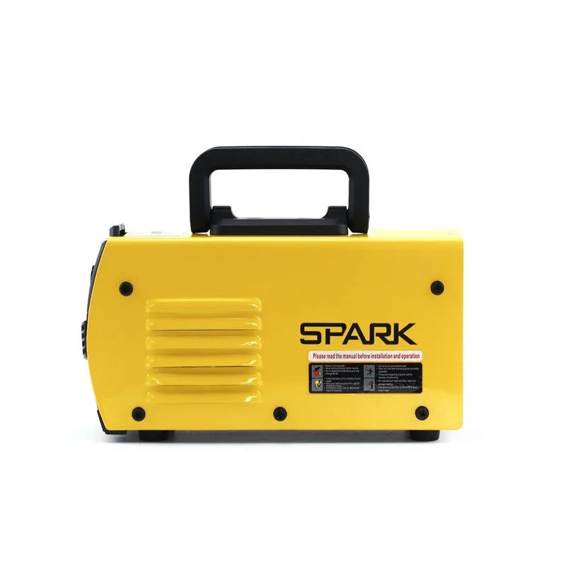 MMA-200MIN compact DC welding machine with welding tongs and face shield on a workbench.
