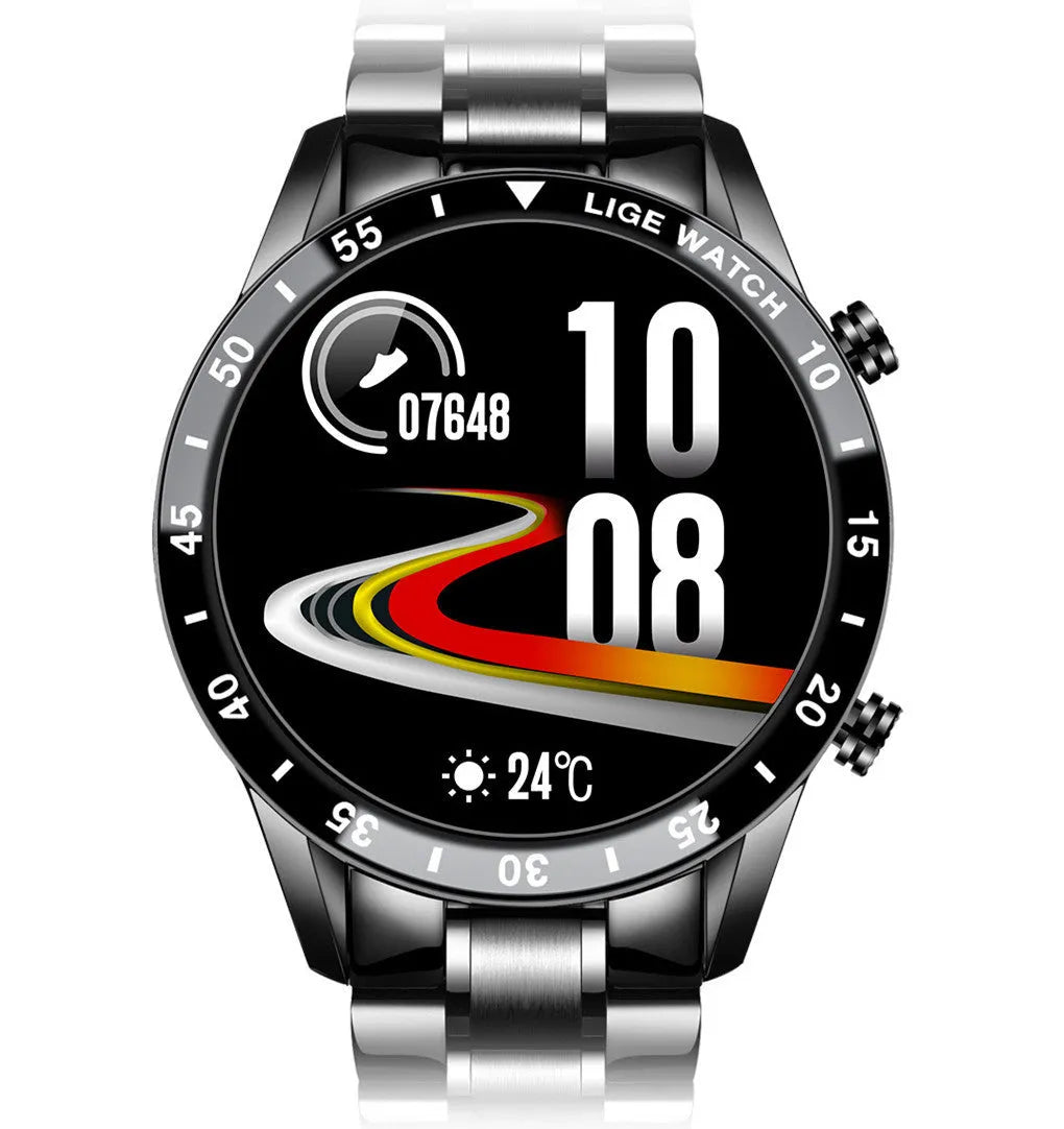 Smart watch with stainless steel wristband showing 1.3 inch touch screen display