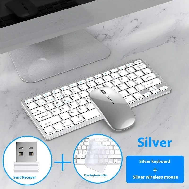 Ultra-thin wireless keyboard and mouse combo set in black, gun colour, or silver finish with rechargeable batteries