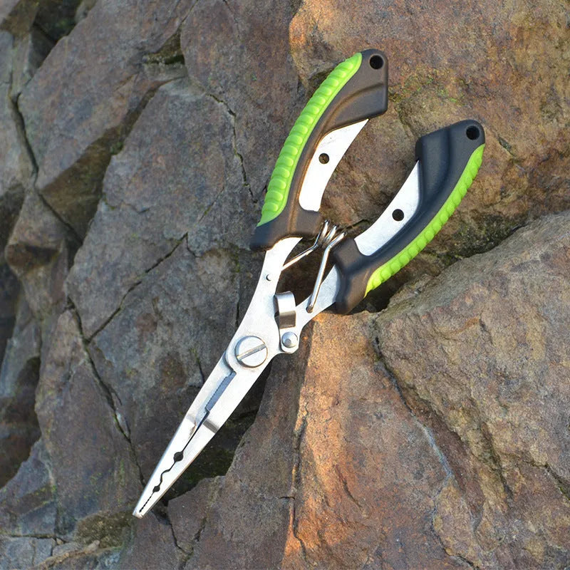 PE39 stainless steel multifunctional fishing pliers with straight mouth, hook, and blue plastic handles.