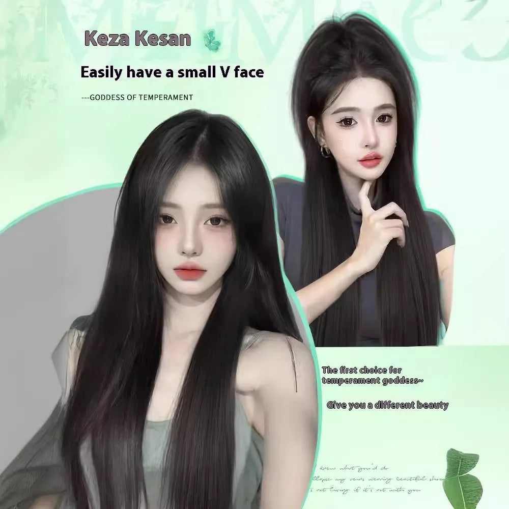 Full-head forehead lace wig in brown black colour with long straight synthetic hair
