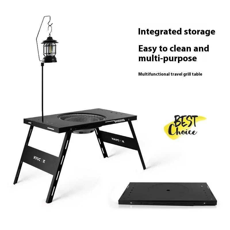Black foldable steel outdoor barbecue table with integrated grill set, shown in round and square design options.