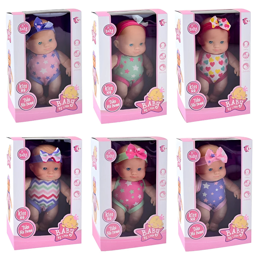 21.5cm tall simulation baby vinyl figurine doll in one of six colour variations on display