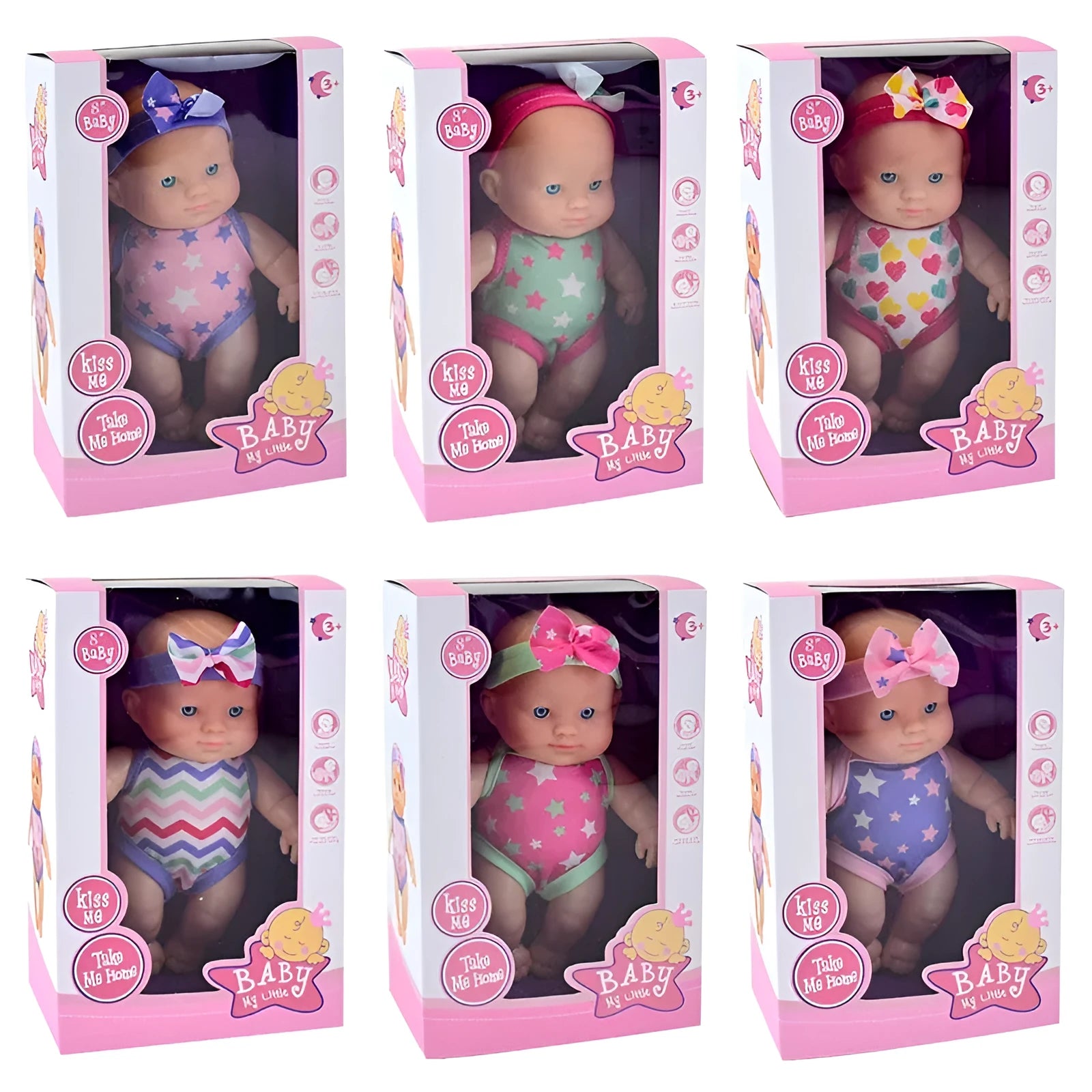 21.5cm tall simulation baby vinyl figurine doll in one of six colour variations on display