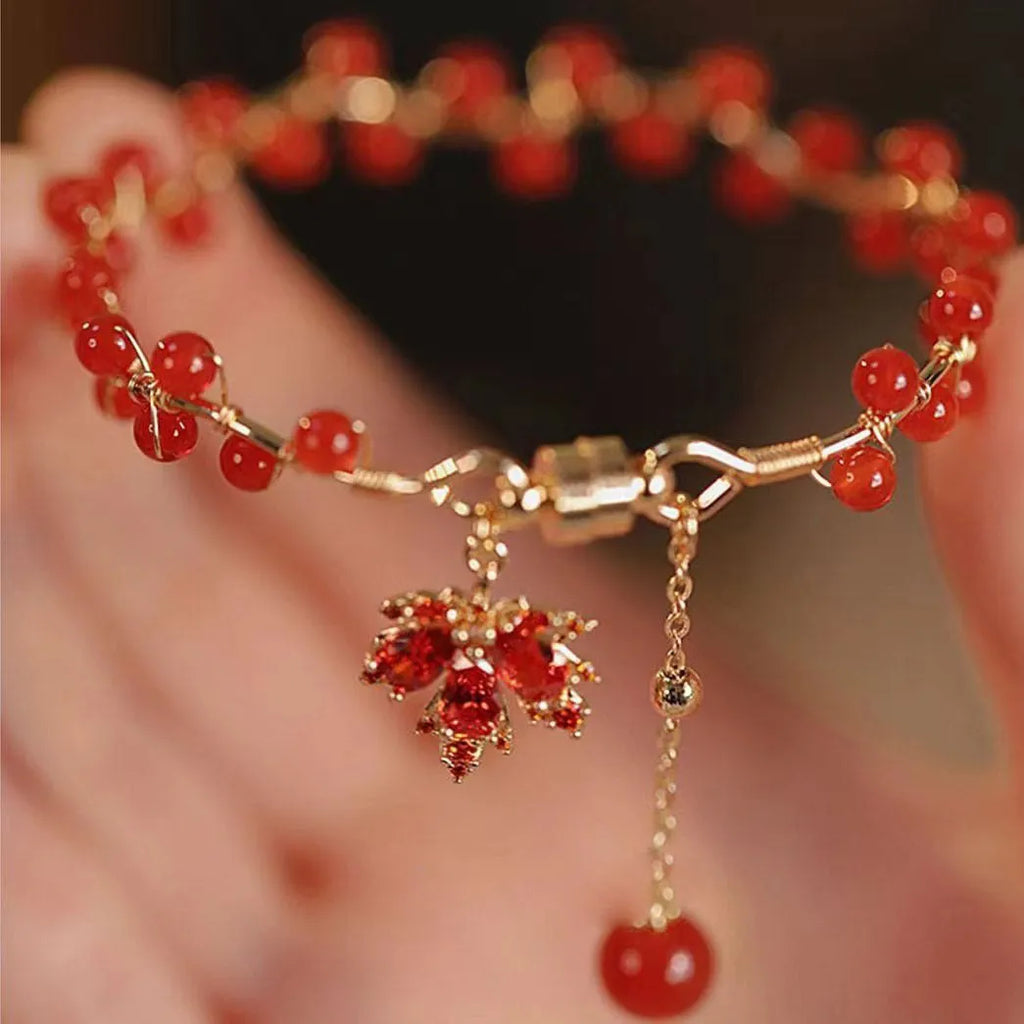 Red ginkgo leaf charm magnetic bracelet with Chinese style design and alloy construction