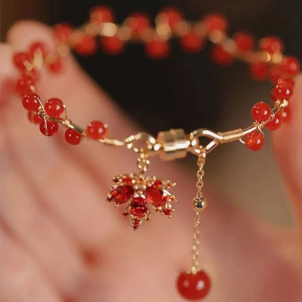 Red ginkgo leaf charm magnetic bracelet with Chinese style design and alloy construction
