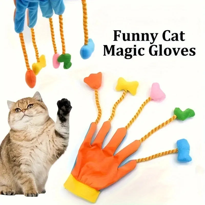 Yellow and blue plush cat toy glove with integrated bells and trailer attachment
