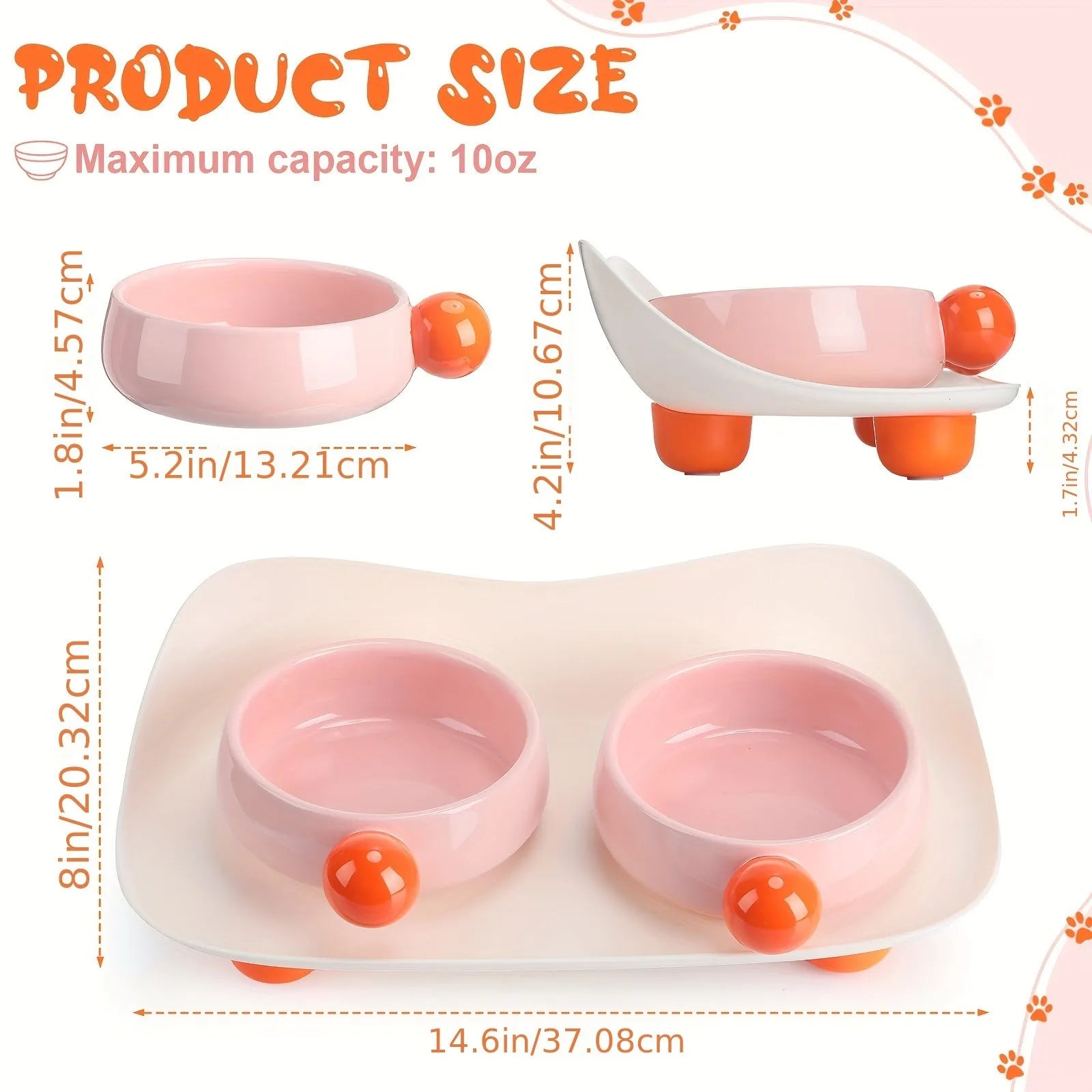 Two raised ceramic pet bowls with pink and yellow colours and grey non-slip silicone bases.