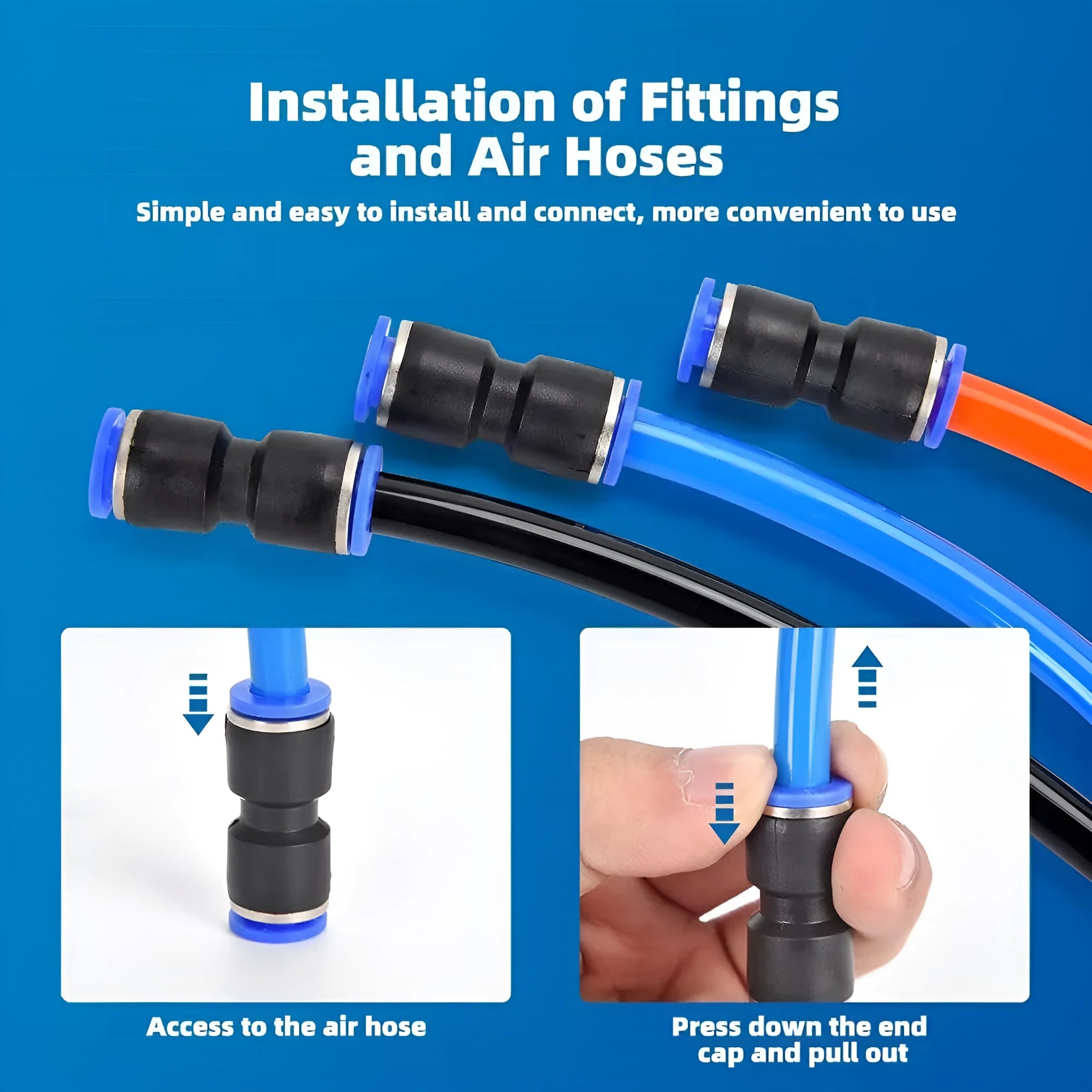 60-piece pneumatic push-in connector set with R1/4 and R1/2 calibres for compressed air systems