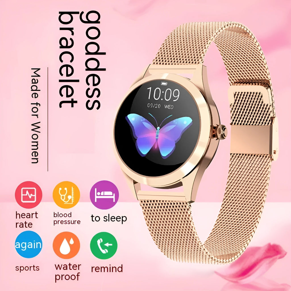 Women's sports smartwatch with heart rate monitoring and waterproof design in multiple colour options