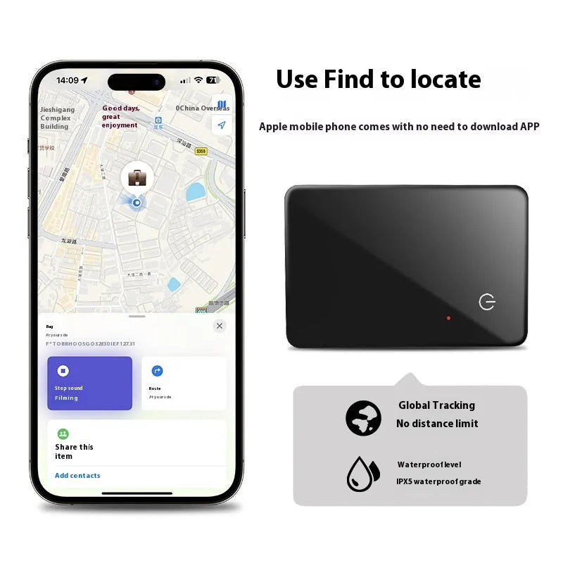 Black ABS and glass wireless charging pet tracker with NFC card design and hanging hole