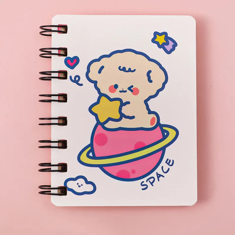 Astronaut flipped pocket notebook showing 10.5x8cm size and space-themed cover options.