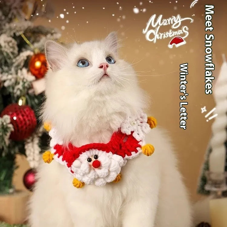 Christmas-themed wool scarf for pets on a dog, showing festive pattern options like snowflake Santa and gingerbread man.