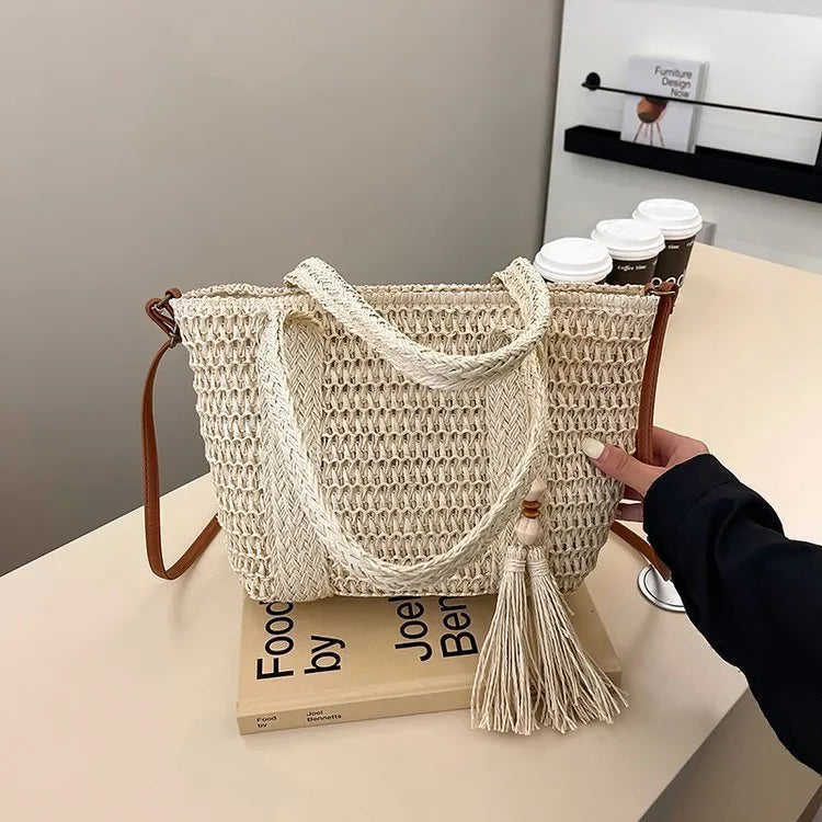 Khaki and milky white woven straw women's crossbody shoulder bag with large capacity