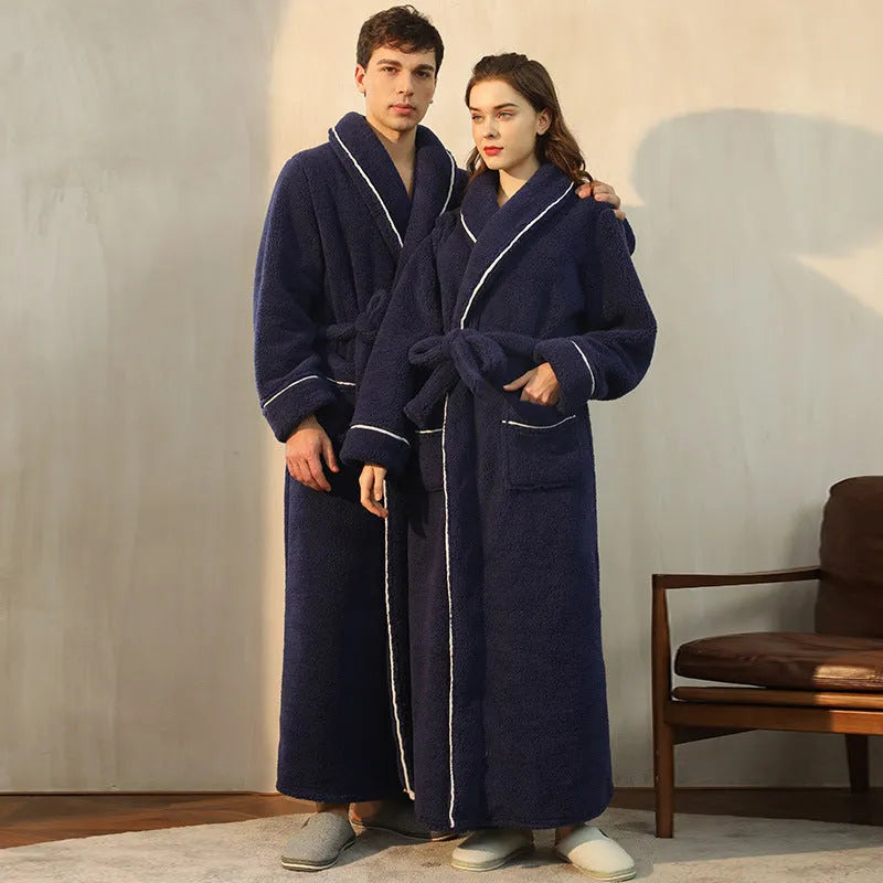 Thick flannel winter bathrobe for couples in multiple colour options like navy blue and cherry yellow.