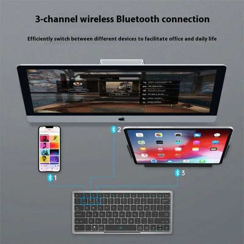 Black and grey wireless Bluetooth keyboard with touch pad next to its leather sheath stand for a tablet.