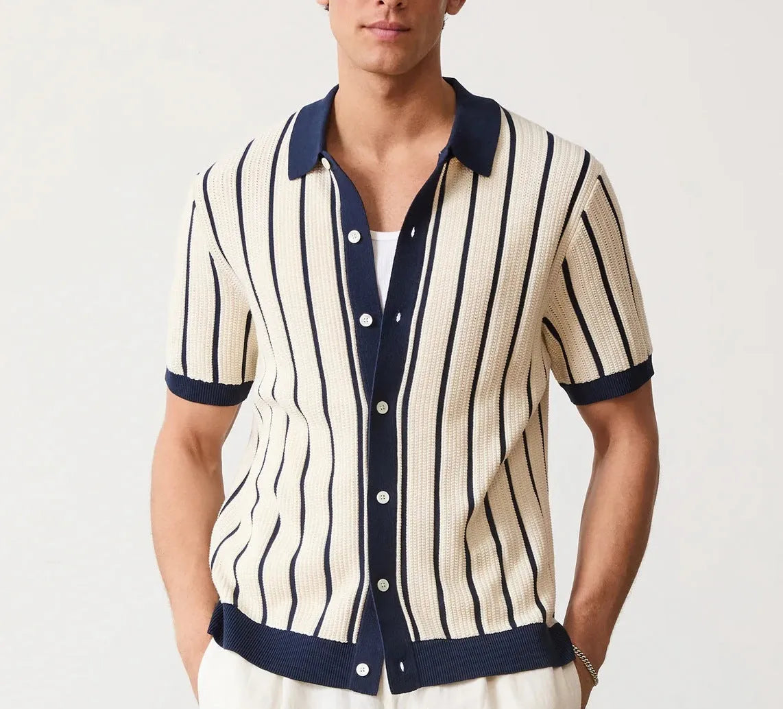 Men's white ice silk knitted shirt with asymmetrical lapel design and short sleeves