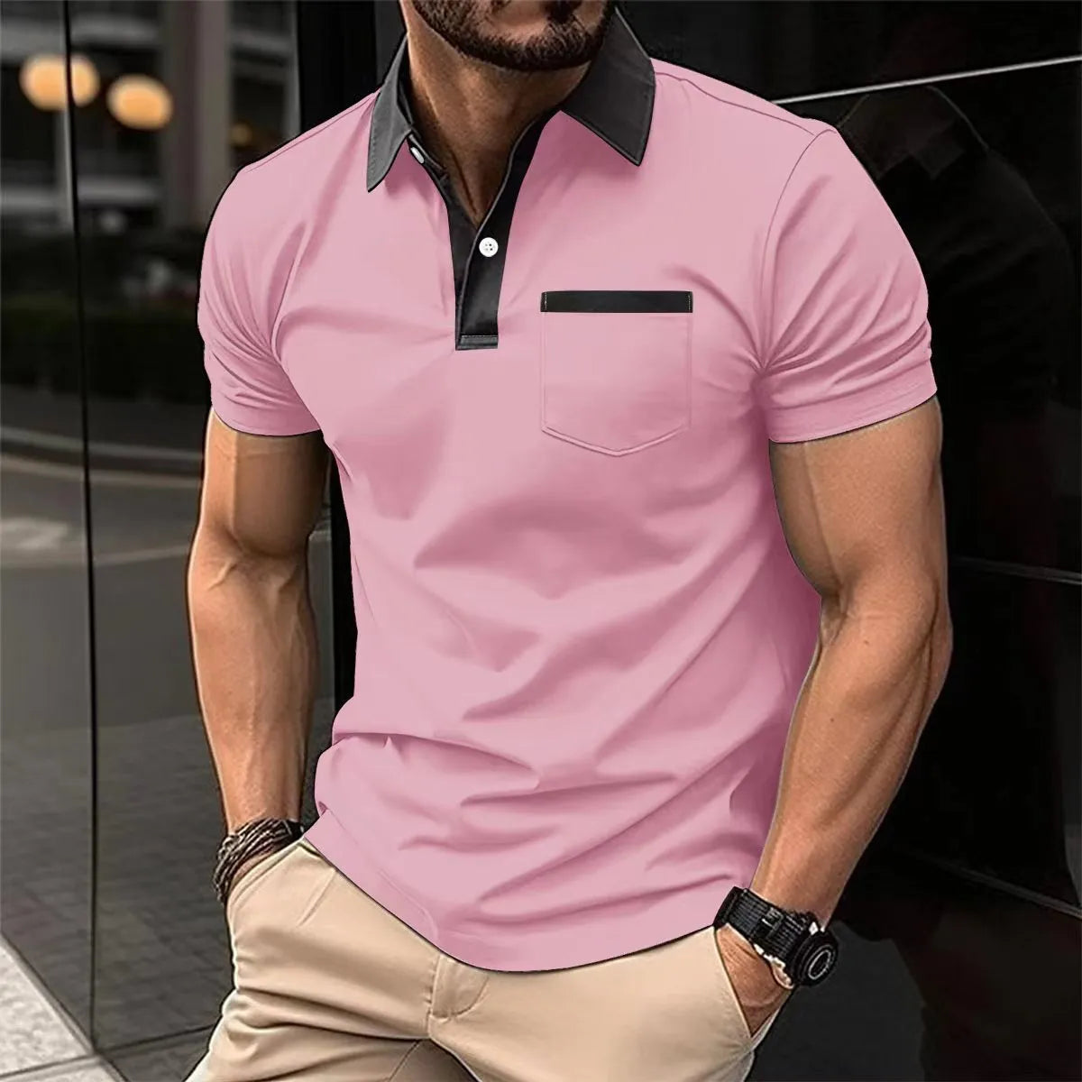 Men's cotton blend short-sleeve slim-fit polo shirt in navy blue with chest pocket, front view