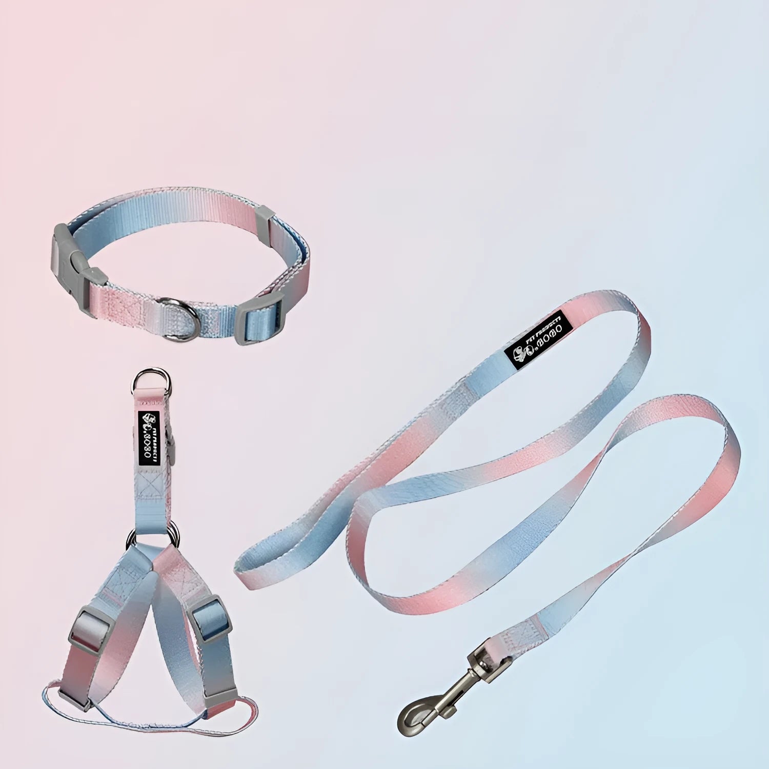 Gradient colour nylon dog leash shown in pink and blue, with collar attachment style.