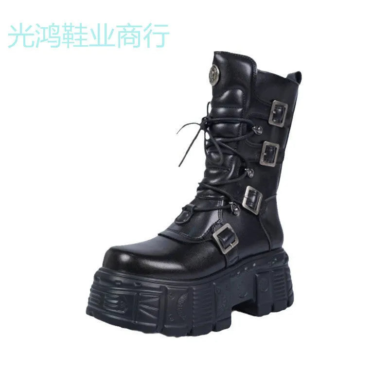 Black dark punk platform lace-up mid-calf boots with metal tank detail, high heel and rubber sole