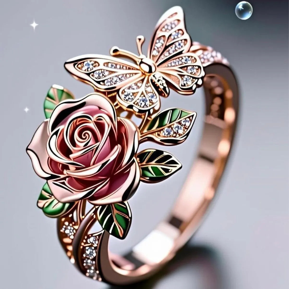 Adjustable butterfly personality ring with colourful oil drip treatment and floral insect leaf design