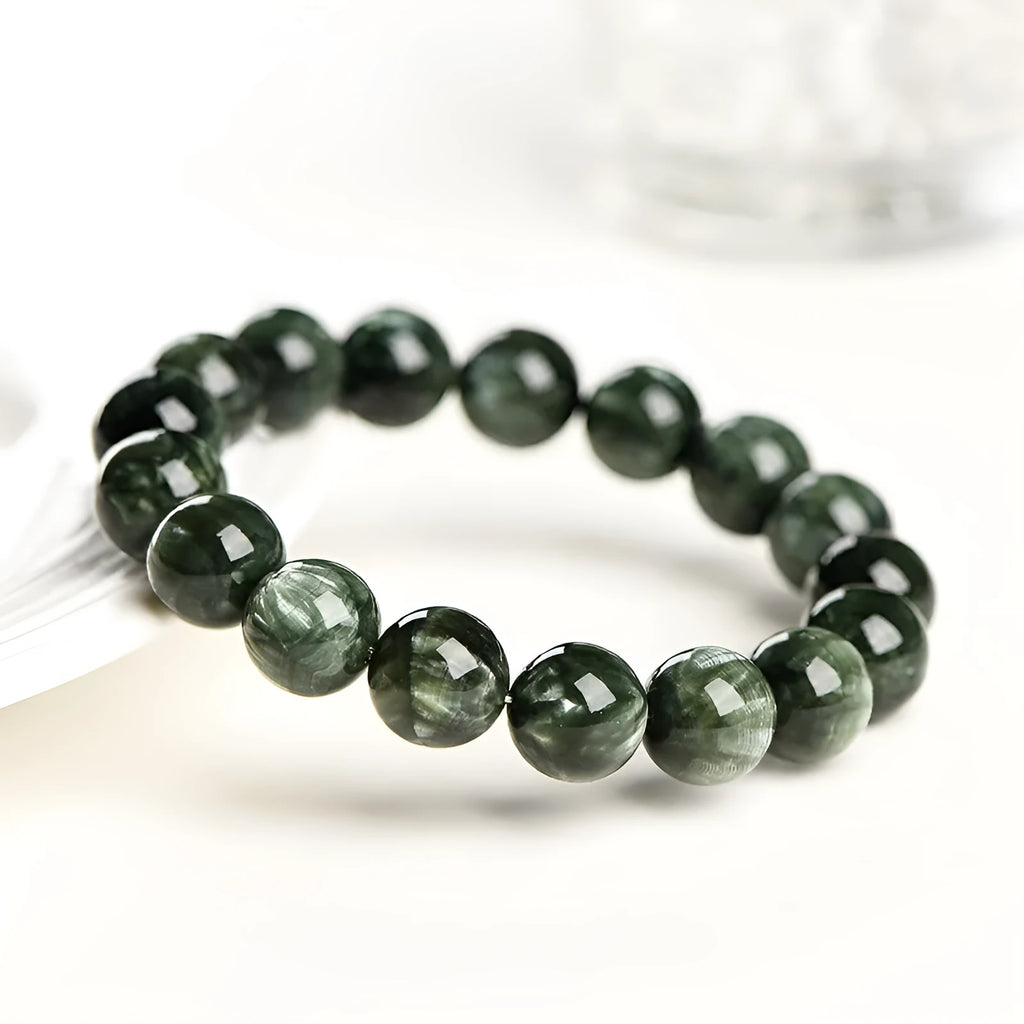 Natural Green Dragon Crystal round bead bracelet with 8-9mm beads and geometric Ruyi design