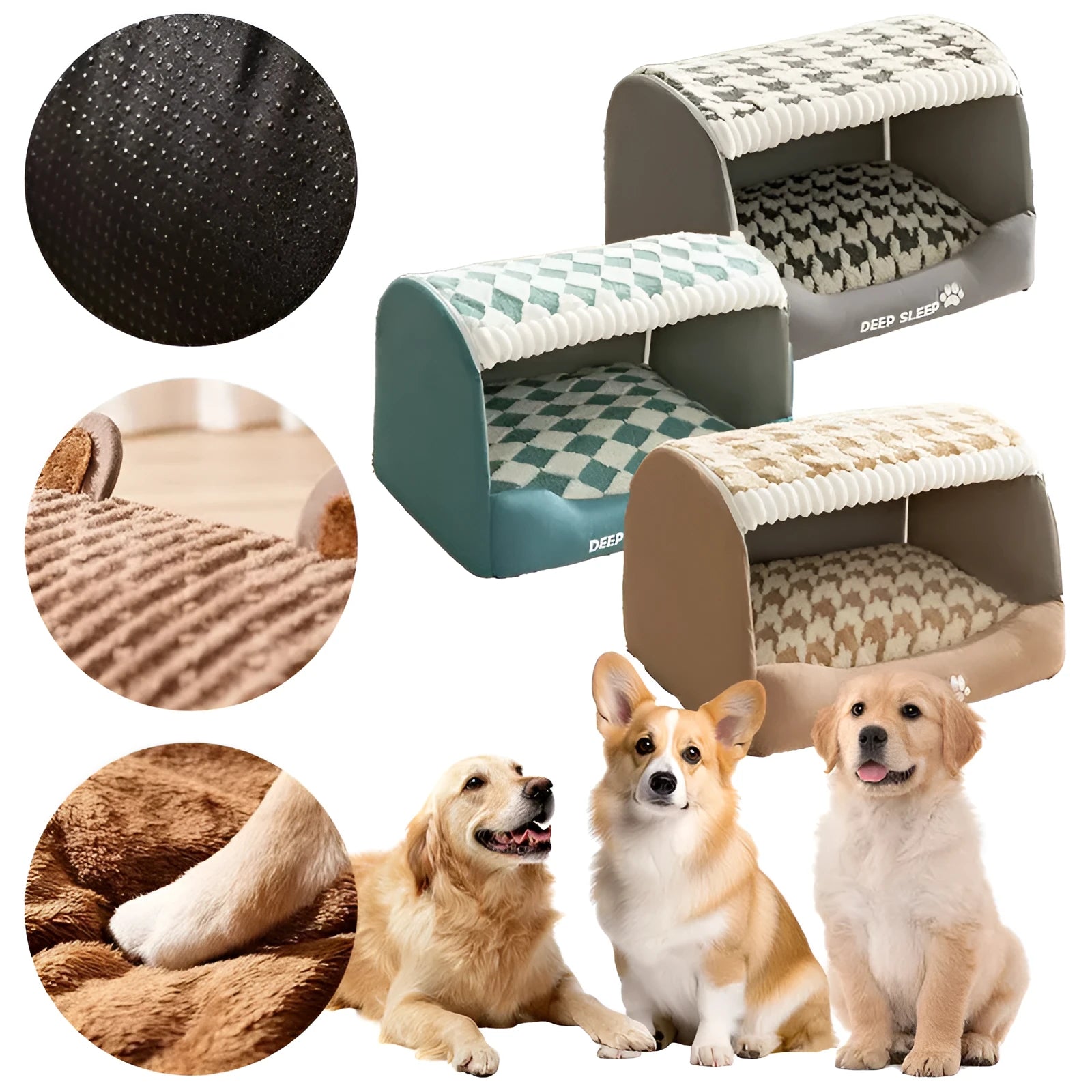 Brown bear pattern enclosed dog bed with curved sides and removable cover