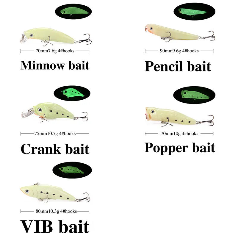 Set of five multi-colour 3D fluorescent hard bait fishing lures with luminous design.