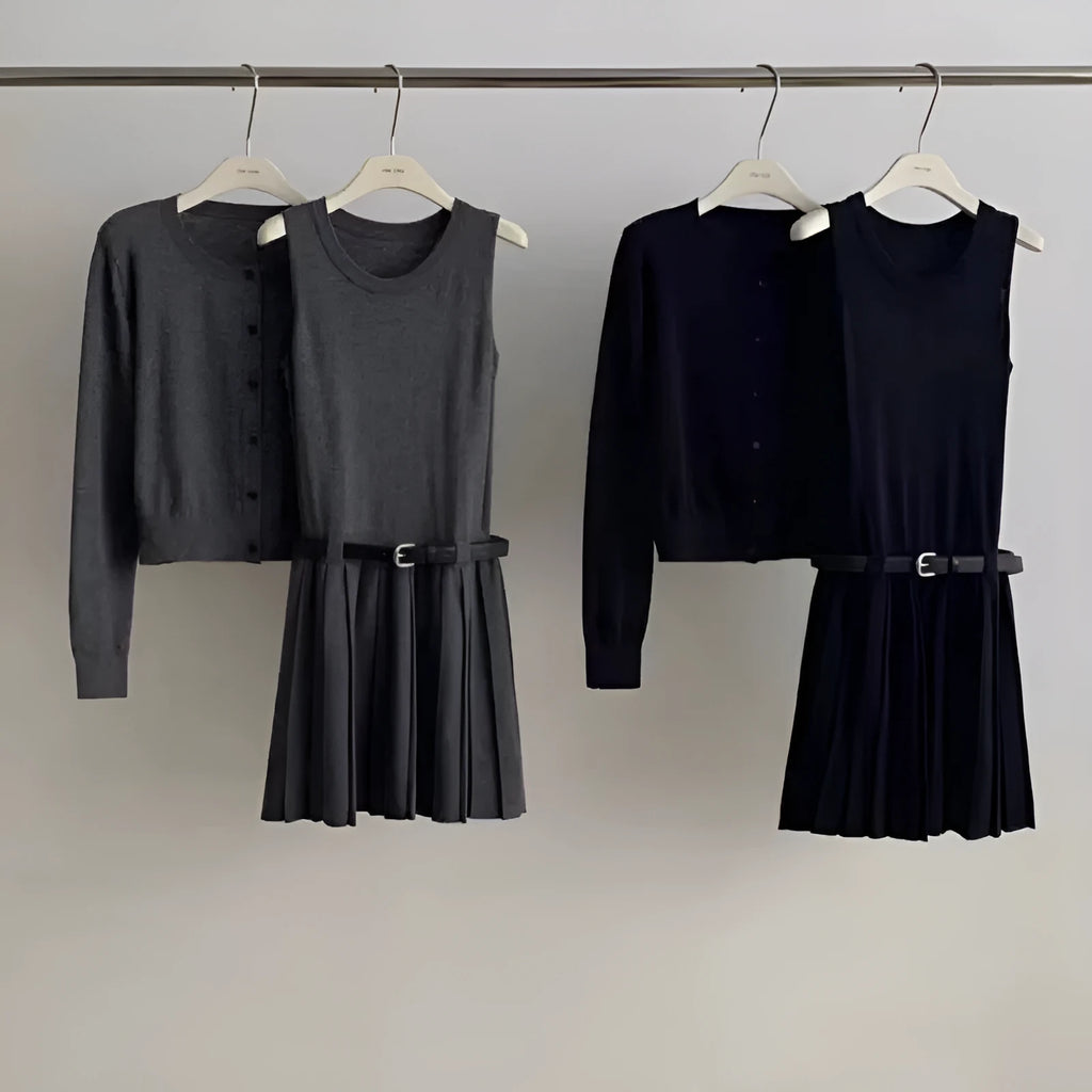 Women's grey art retro knitted cardigan and pleated vest skirt two-piece set.
