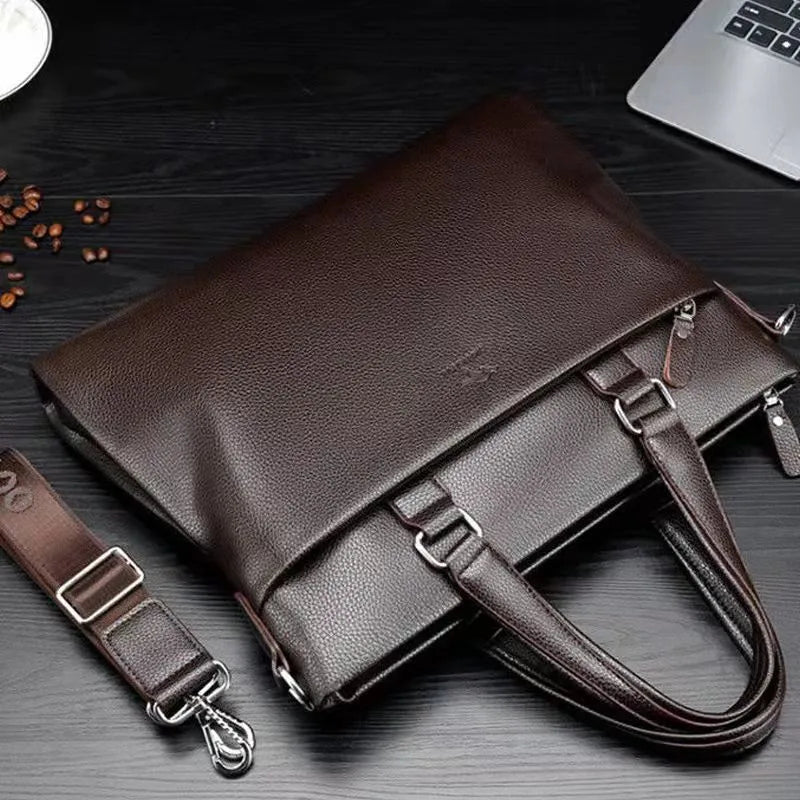 Black PU leather men's messenger bag with shoulder strap showing splicing design details