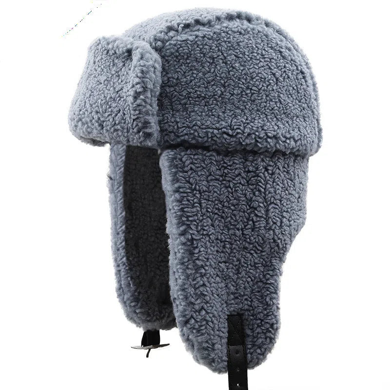 Lamb fleece cold-proof hat in 01 Gray, round top, size XL 58-60cm, cotton outer with lamb wool lining