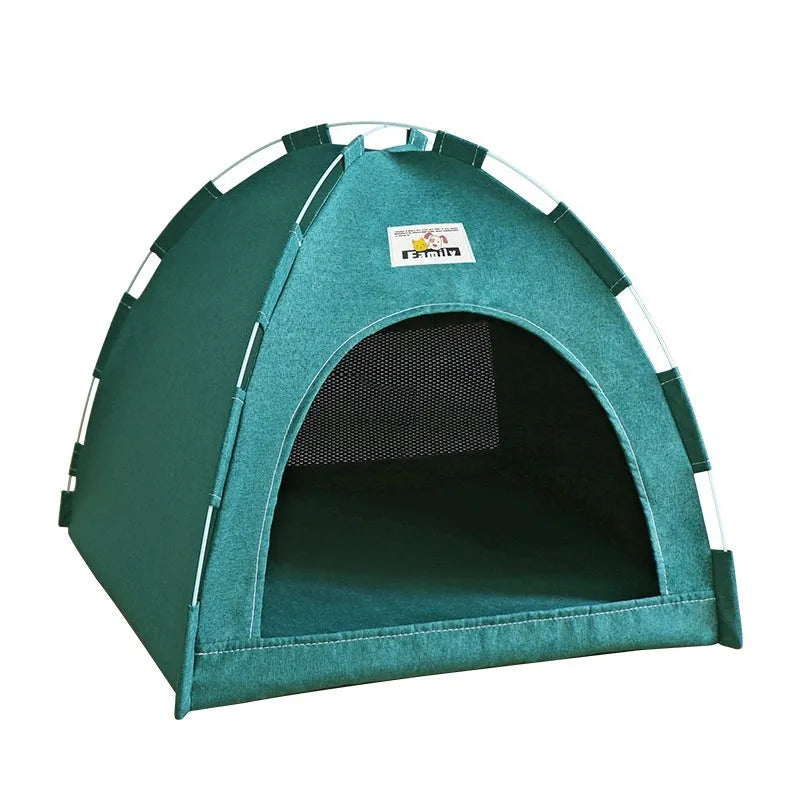 Grey tent-style pet bed for small dogs and cats with a removable washable cover.