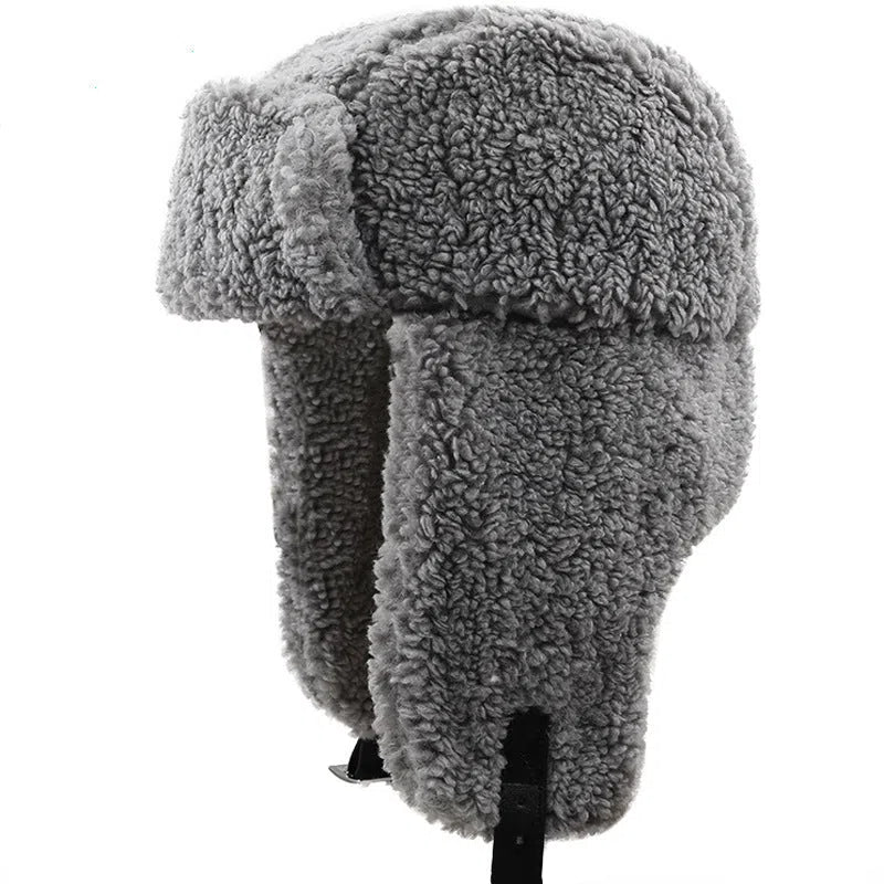 Lamb fleece cold-proof hat in 01 Gray, round top, size XL 58-60cm, cotton outer with lamb wool lining