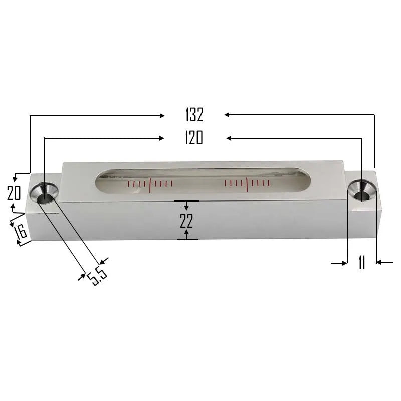 Aluminium mini spirit level with glass vials showing 500mm length and 132mm casing dimensions