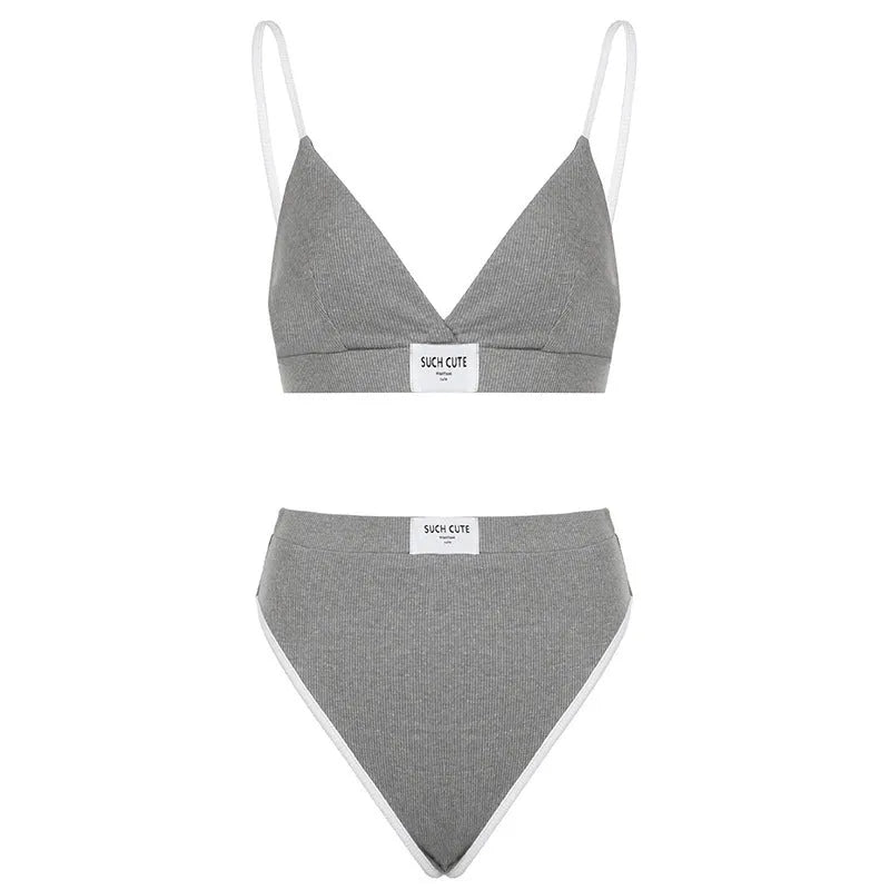 Women's grey embroidery bikini set with contrast colour binding and sleeveless shorts design