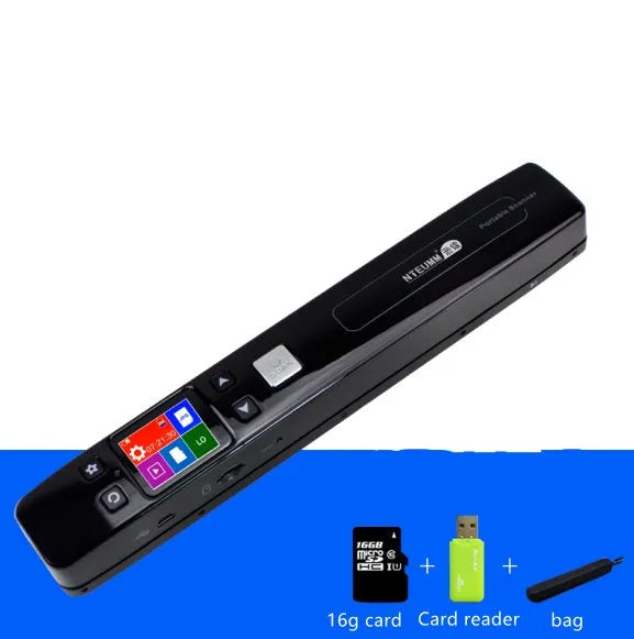 A4 portable document scanner with USB cable, 900DPI resolution, and slim black casing