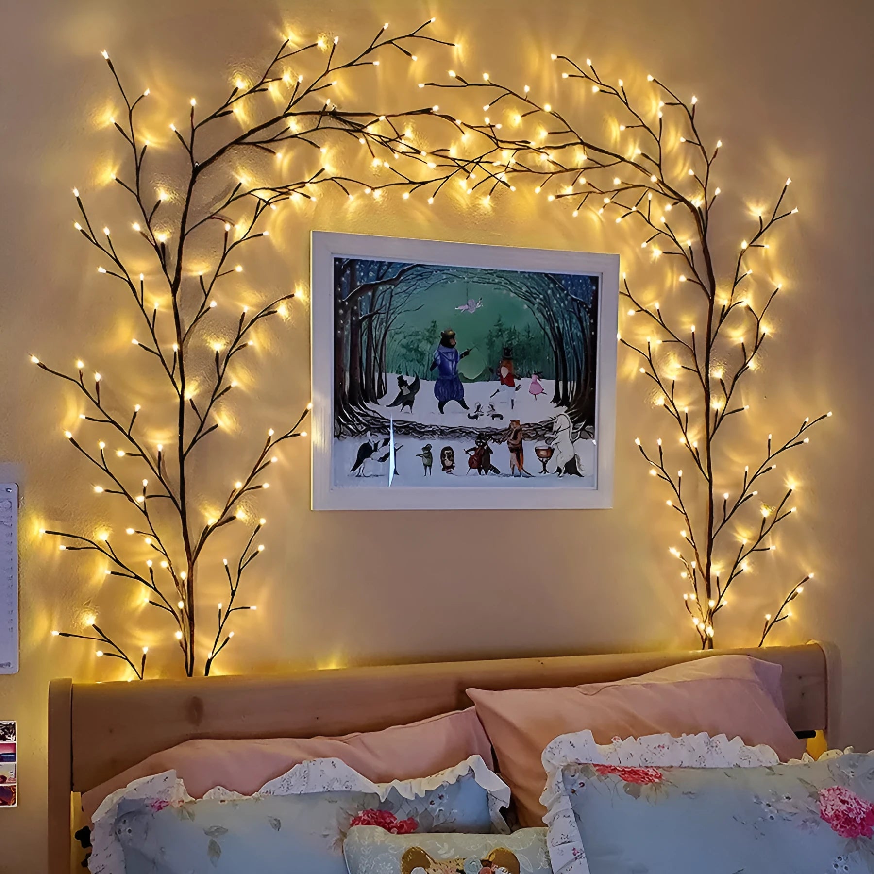 Flexible LED willow vine Christmas garland light with warm white lights and birch bark texture