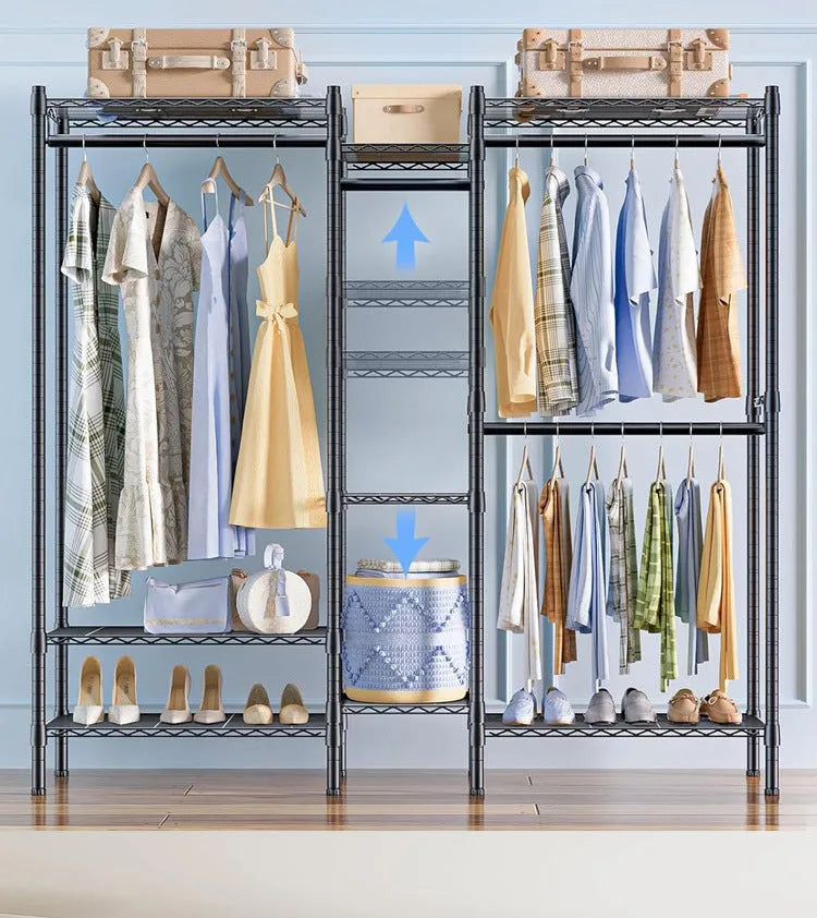 Black metal floor storage rack for hanging clothing and trousers