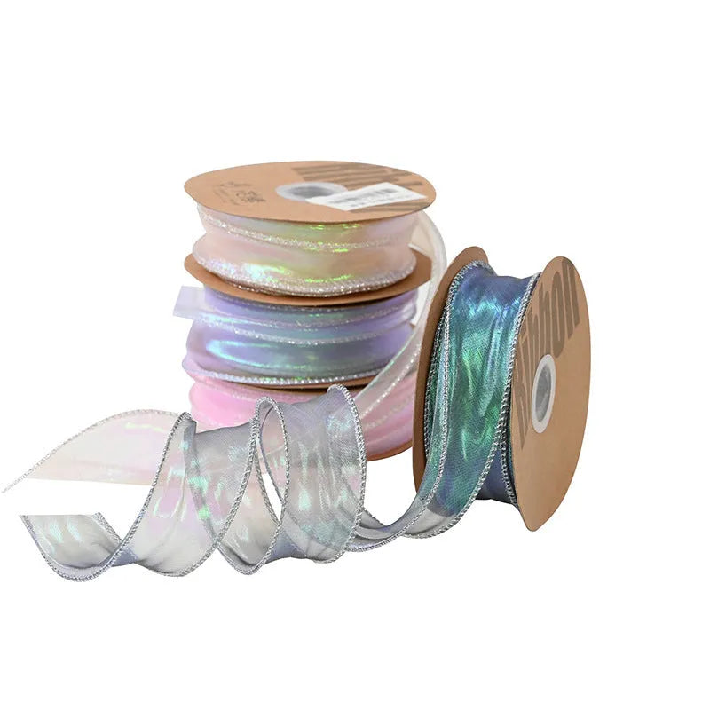 Roll of colourful fishtail yarn mesh ribbon with wave design, 4cm wide, for craft and floral use