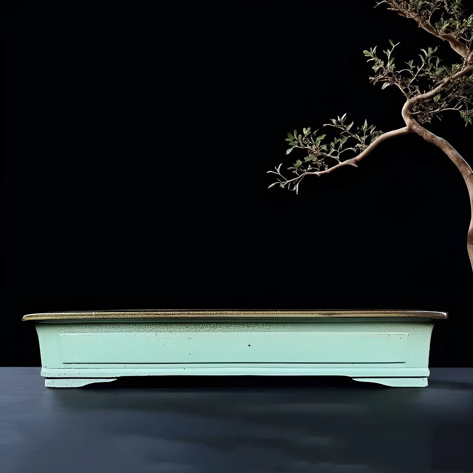 Green retro style ceramic bonsai pot with purple sand crackle glaze finish