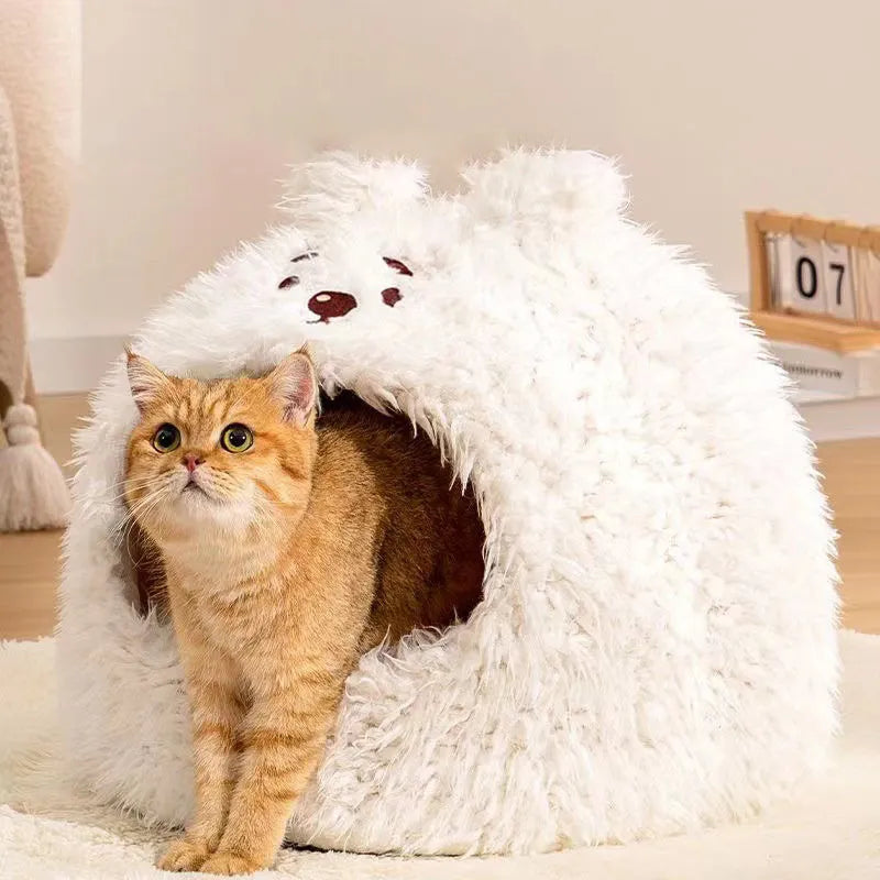 Semi-enclosed plush cat litter kennel tent in bear pattern, shown in a room setting.